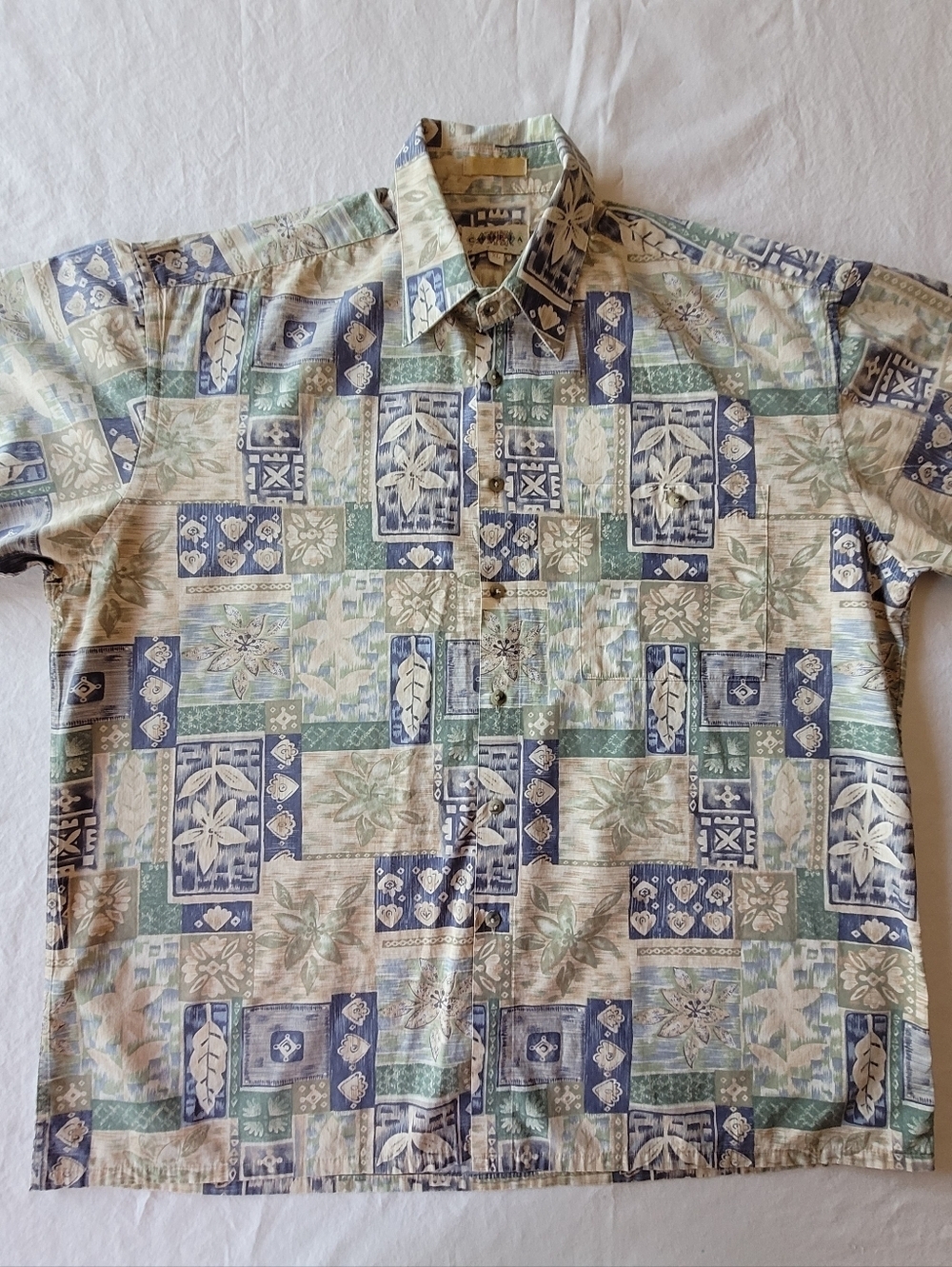 VTG Campia Moda Mens Casual Short-Sleeve Floral Patchwork Shirt - Blue/green XL
